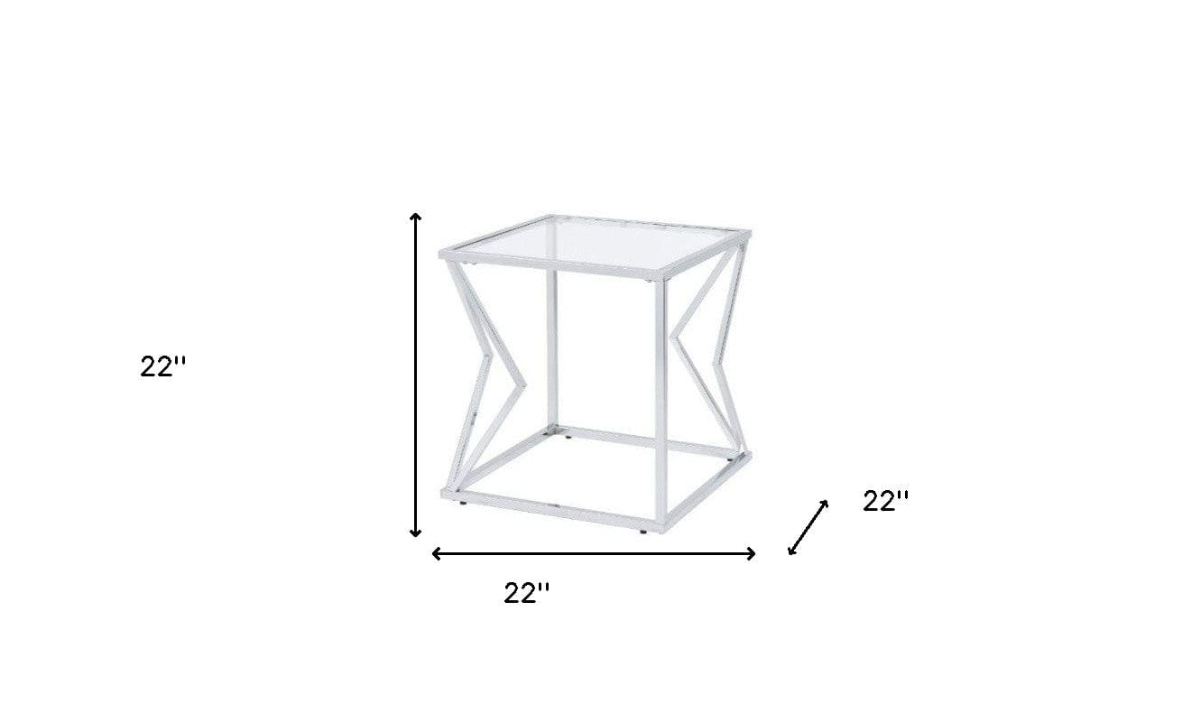 22" Chrome And Clear Glass And Metal Square End Table With Shelf