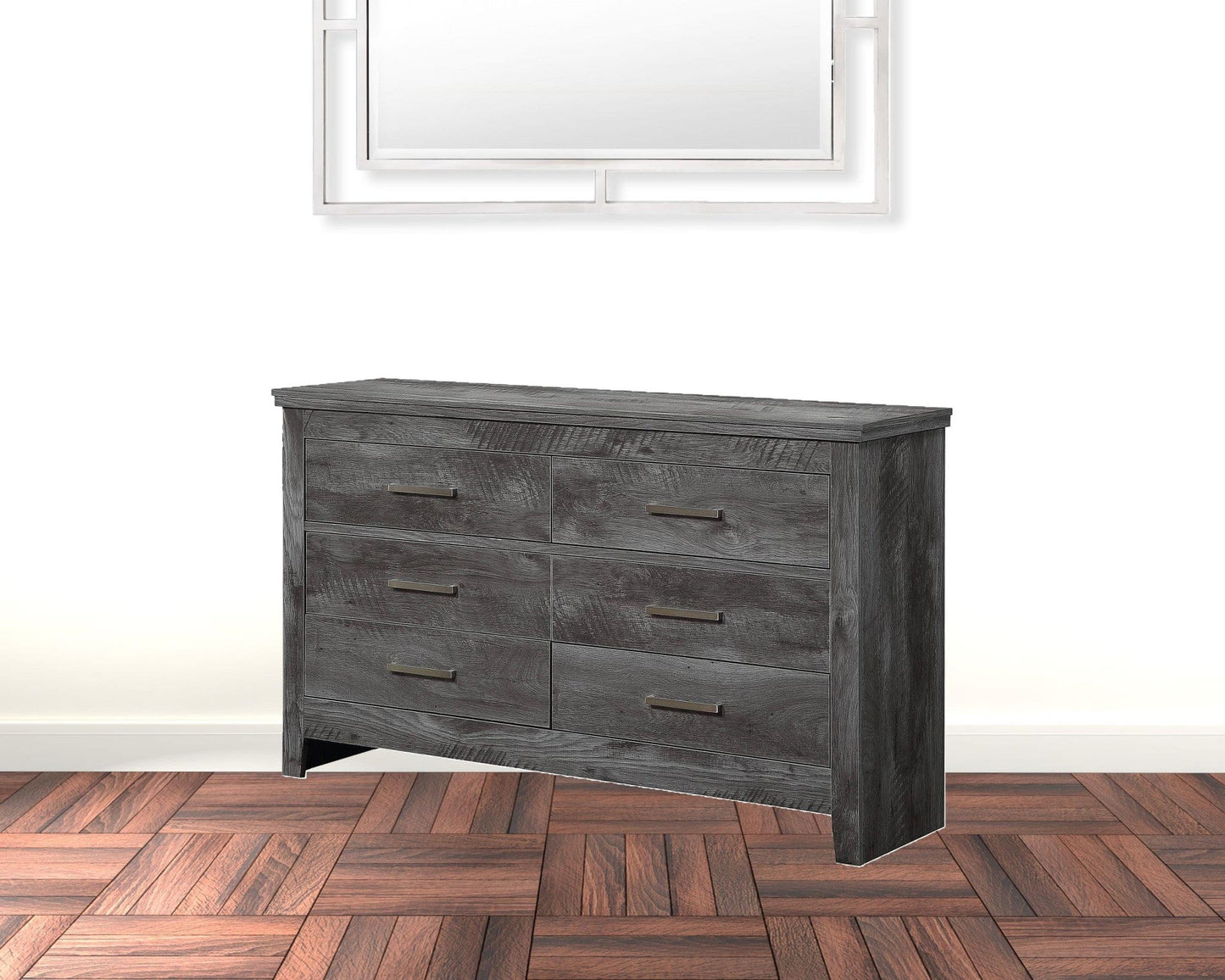 57" Gray Oak Solid Wood Six Drawer Double Dresser