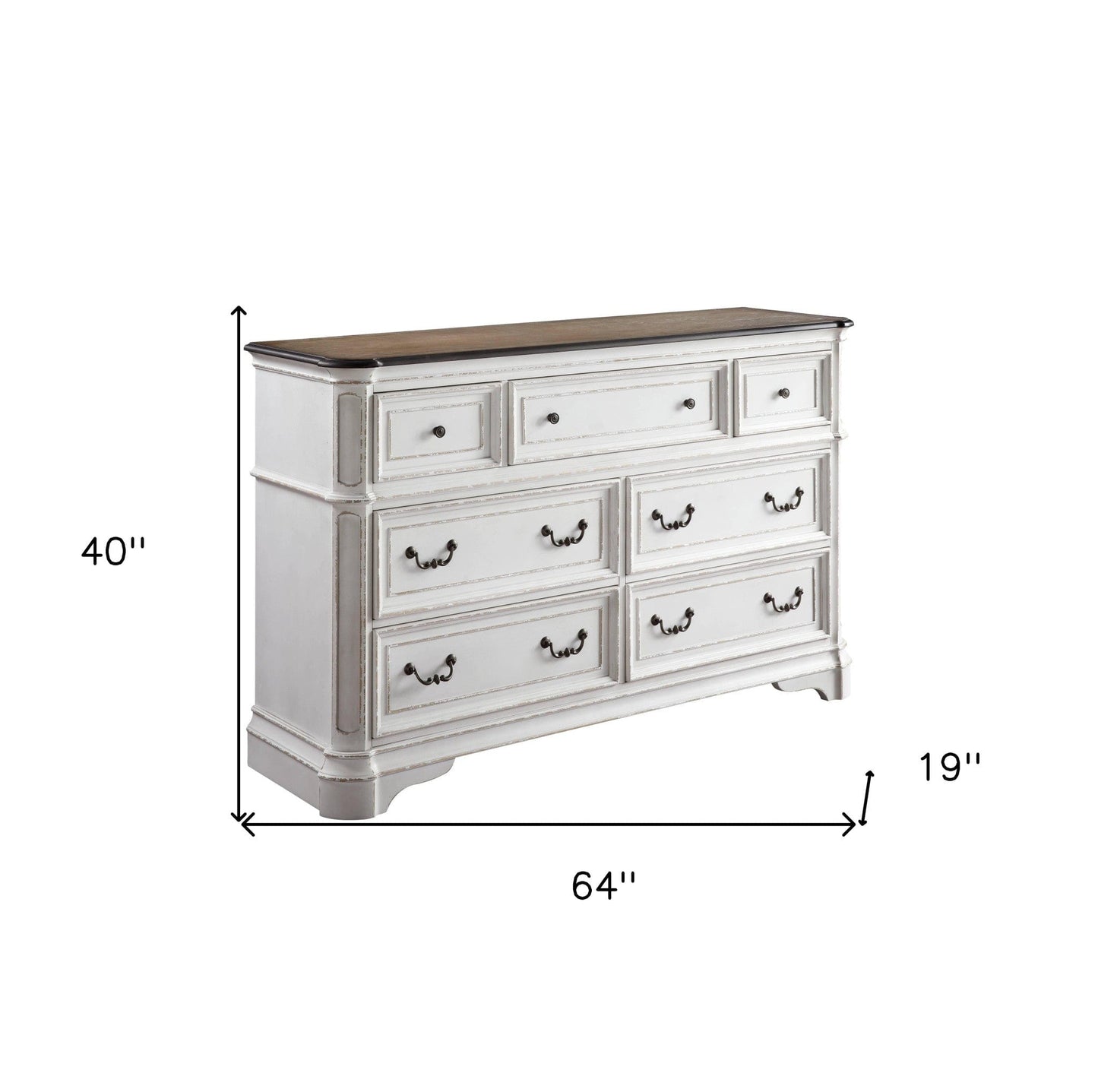64" Antique White And Oak Solid Wood Seven Drawer Triple Dresser