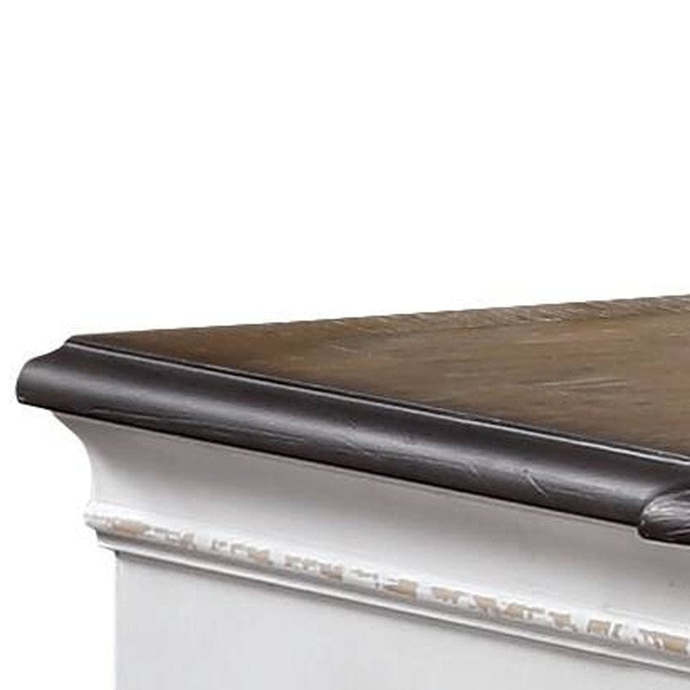 64" Antique White And Oak Solid Wood Seven Drawer Triple Dresser