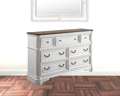 64" Antique White And Oak Solid Wood Seven Drawer Triple Dresser