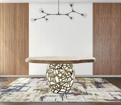 63" Acacia Live Edge Golden Brass Geometric Base Round Dining Table