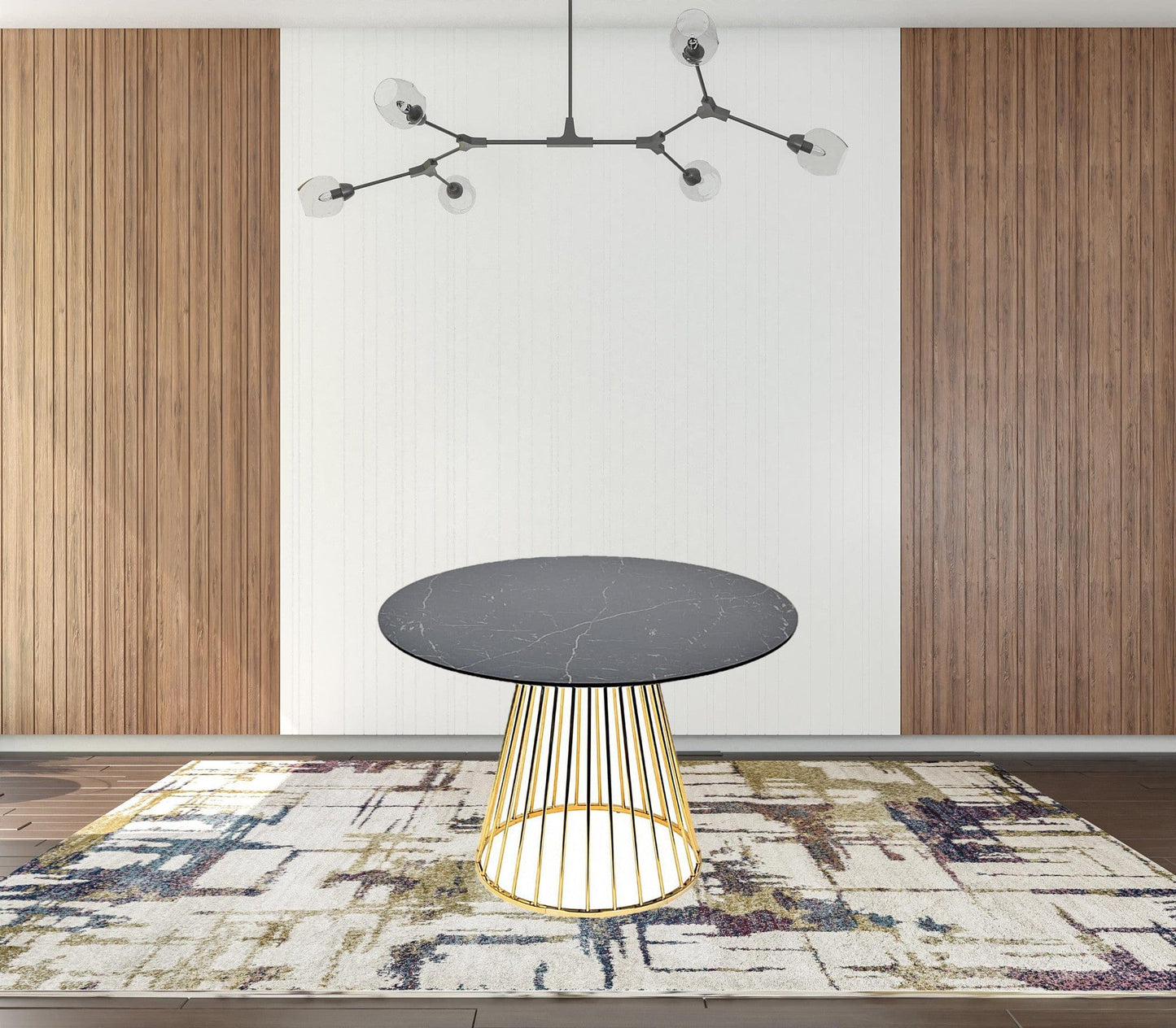 43" Black And Gold Rounded Manufactured Wood And Stainless Steel Dining Table