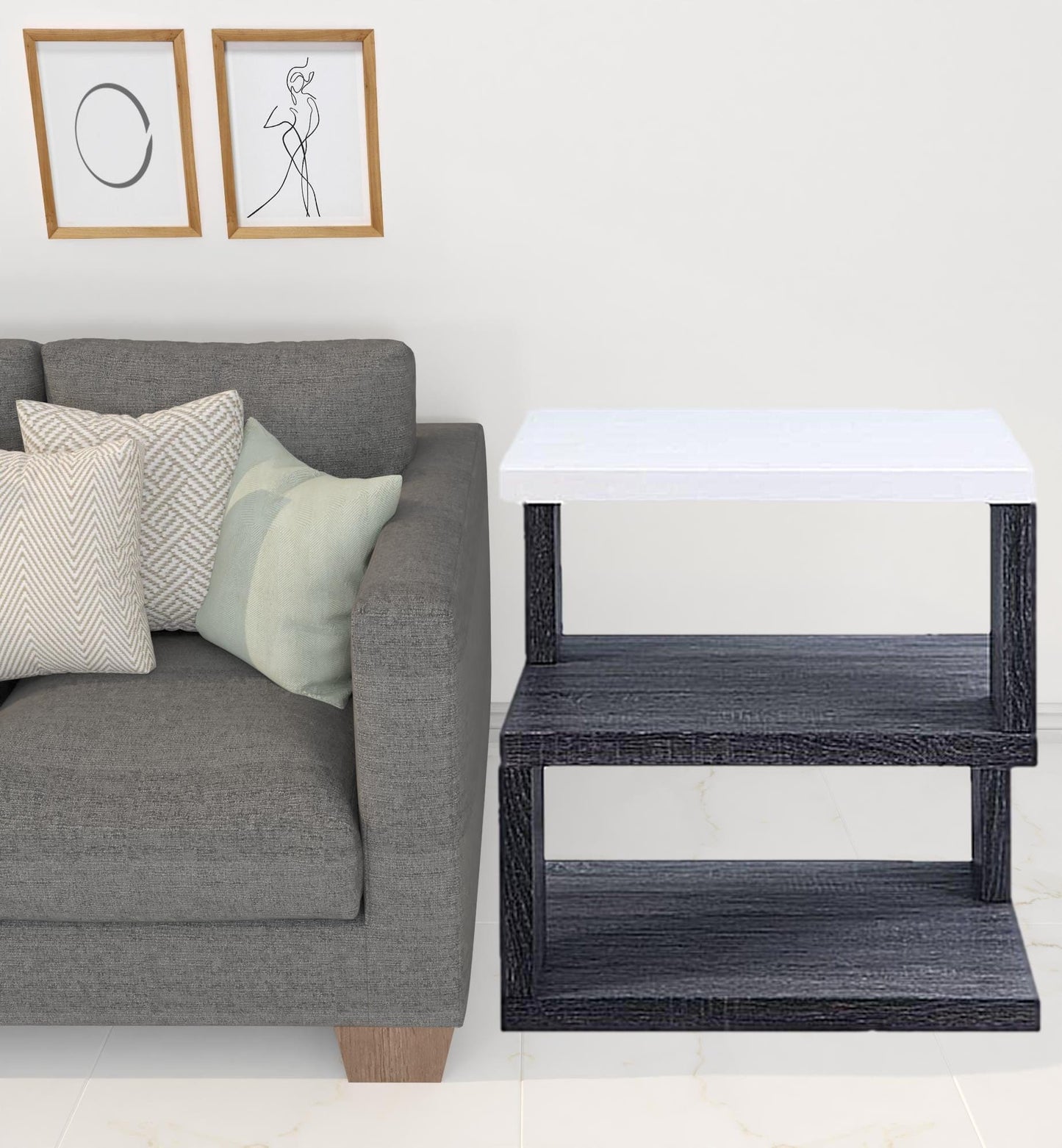 24" Gray And White High Gloss Square End Table With Two Shelves