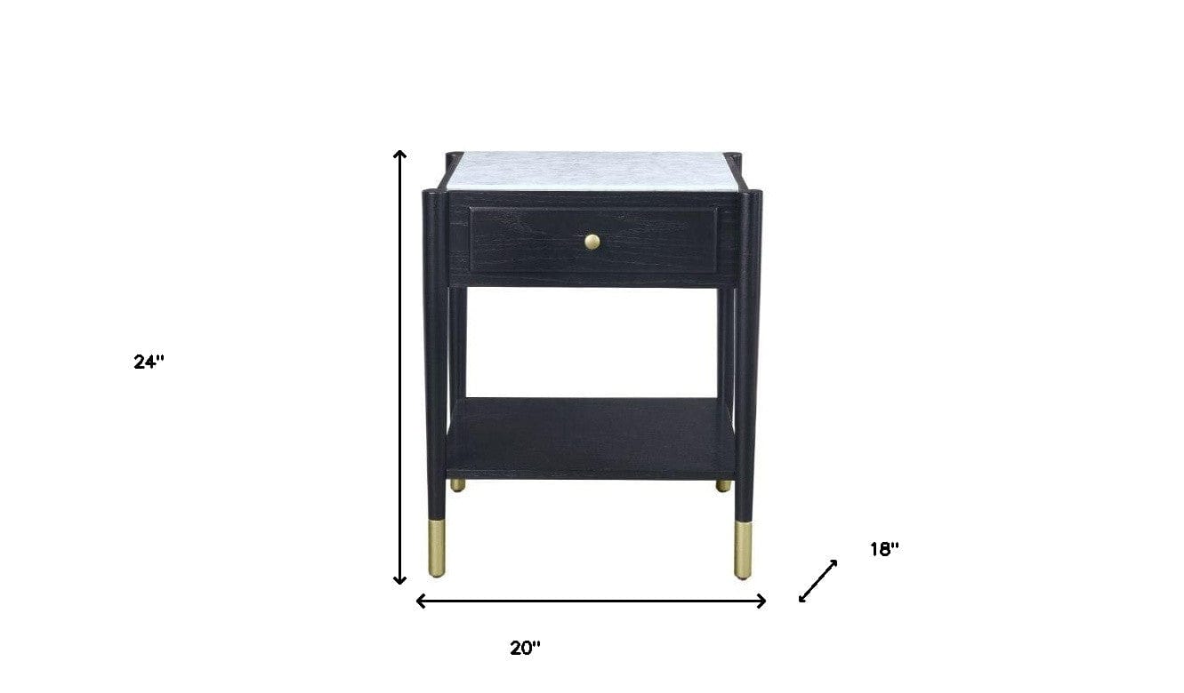 24" Black And White Marble And Solid Wood Rectangular End Table