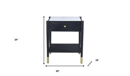 24" Black And White Marble And Solid Wood Rectangular End Table