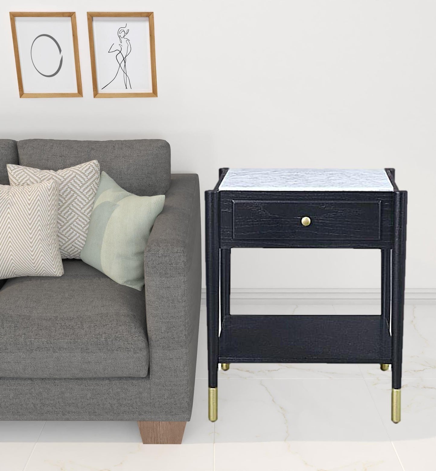 24" Black And White Marble And Solid Wood Rectangular End Table