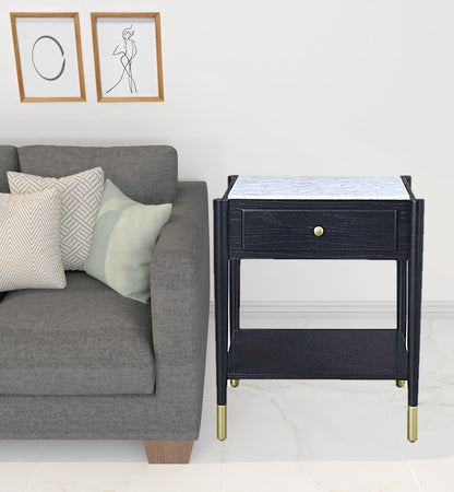 24" Black And White Marble And Solid Wood Rectangular End Table