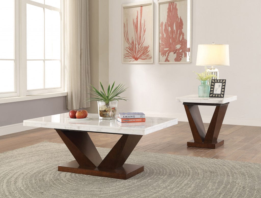 23" Walnut And White Marble Manufactured Wood Square End Table