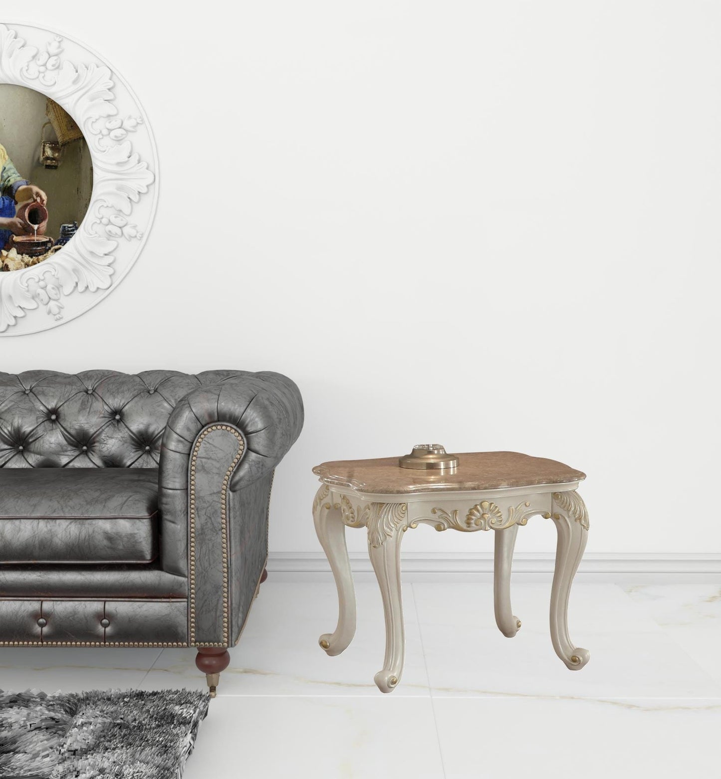 24" Pearl White Brushed With Gold Accents And Light Brown Marble End Table