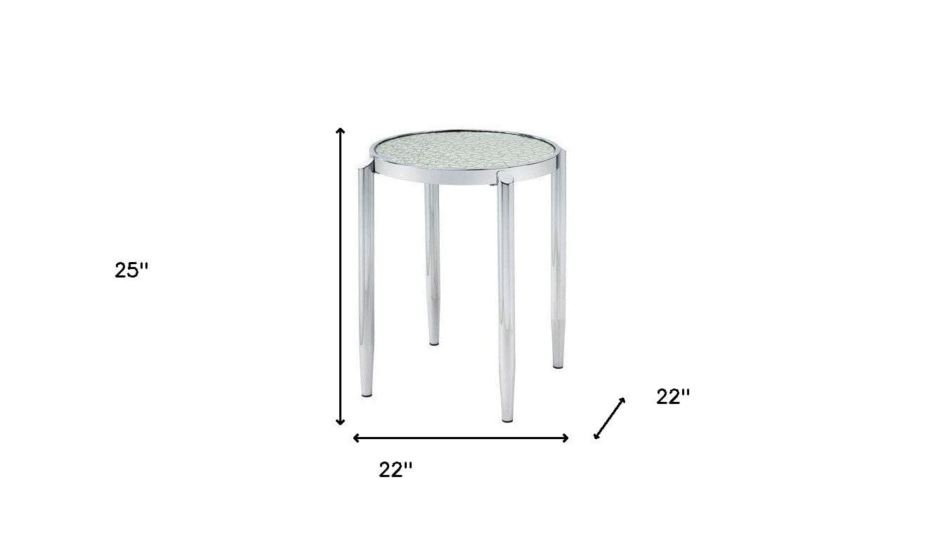 25" Silver Mirrored And Metal Round End Table