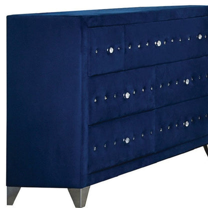 60" Blue Velvet Manufactured Wood Seven Drawer Triple Dresser