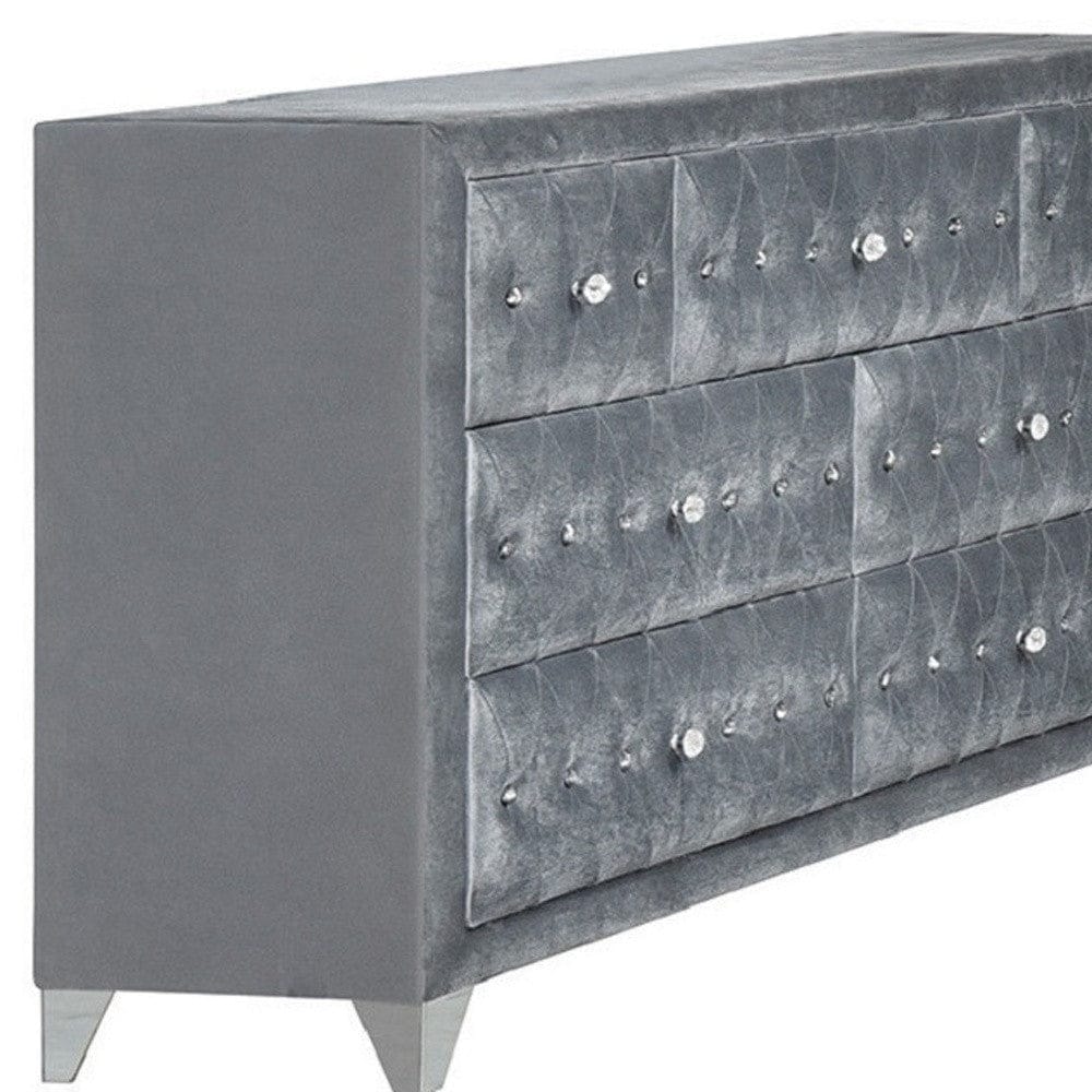 60" Gray Velvet Manufactured Wood Seven Drawer Triple Dresser