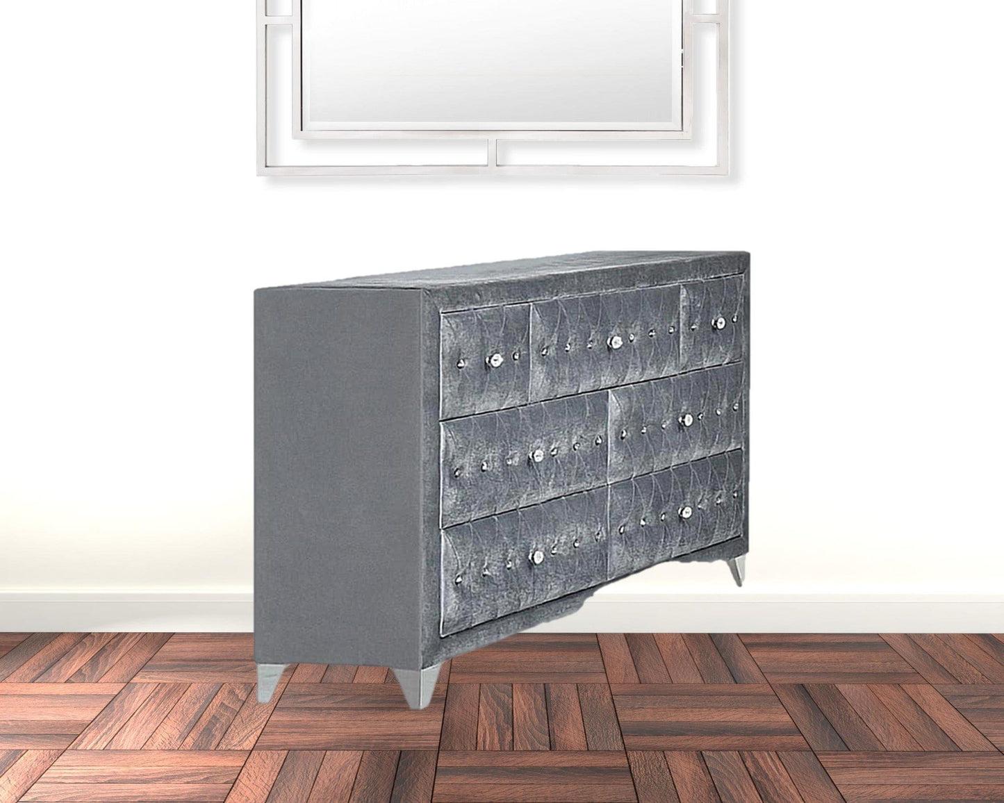 60" Gray Velvet Manufactured Wood Seven Drawer Triple Dresser