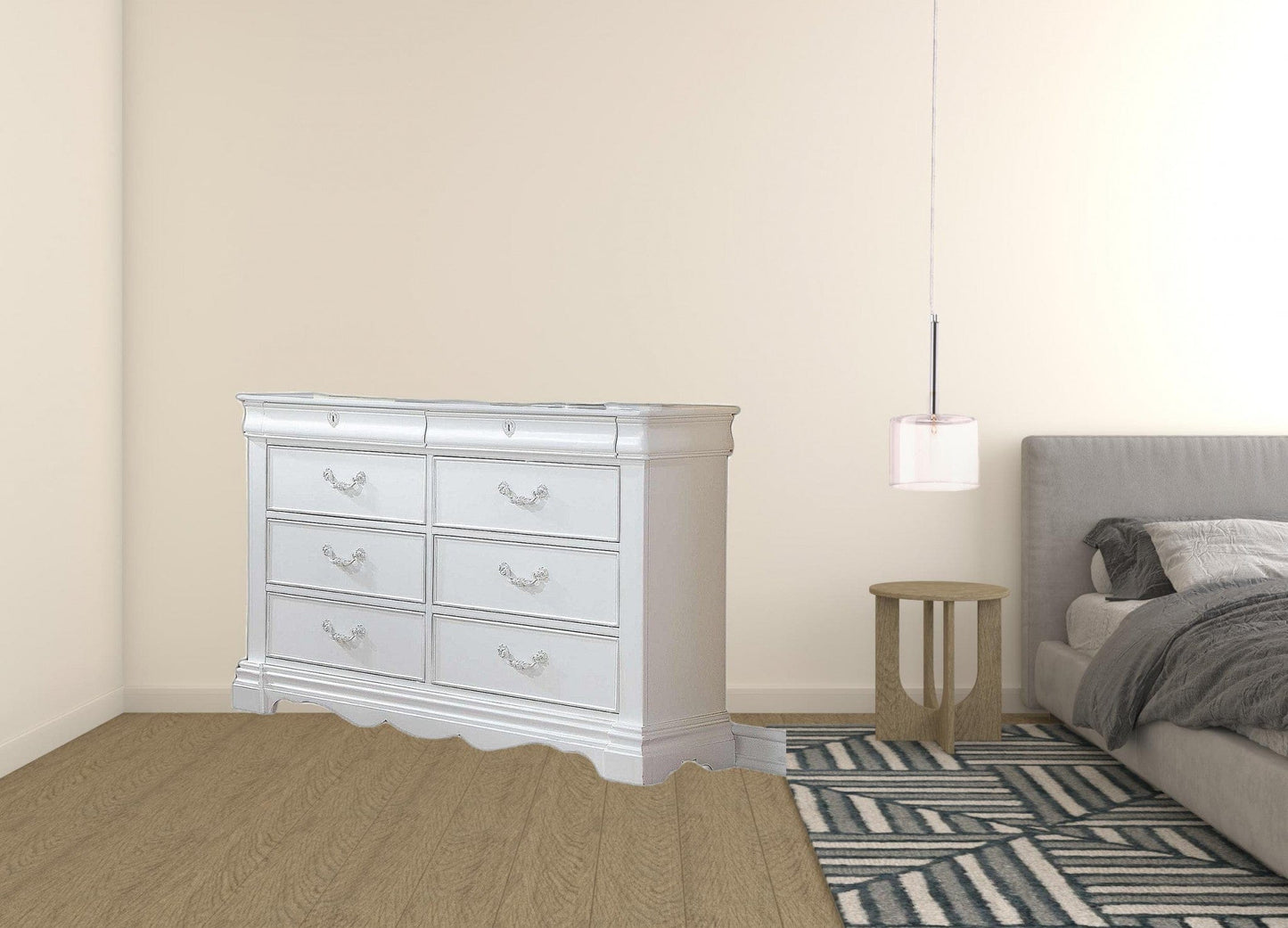 56" White Solid Wood Vintage Style Eight Drawer Double Dresser