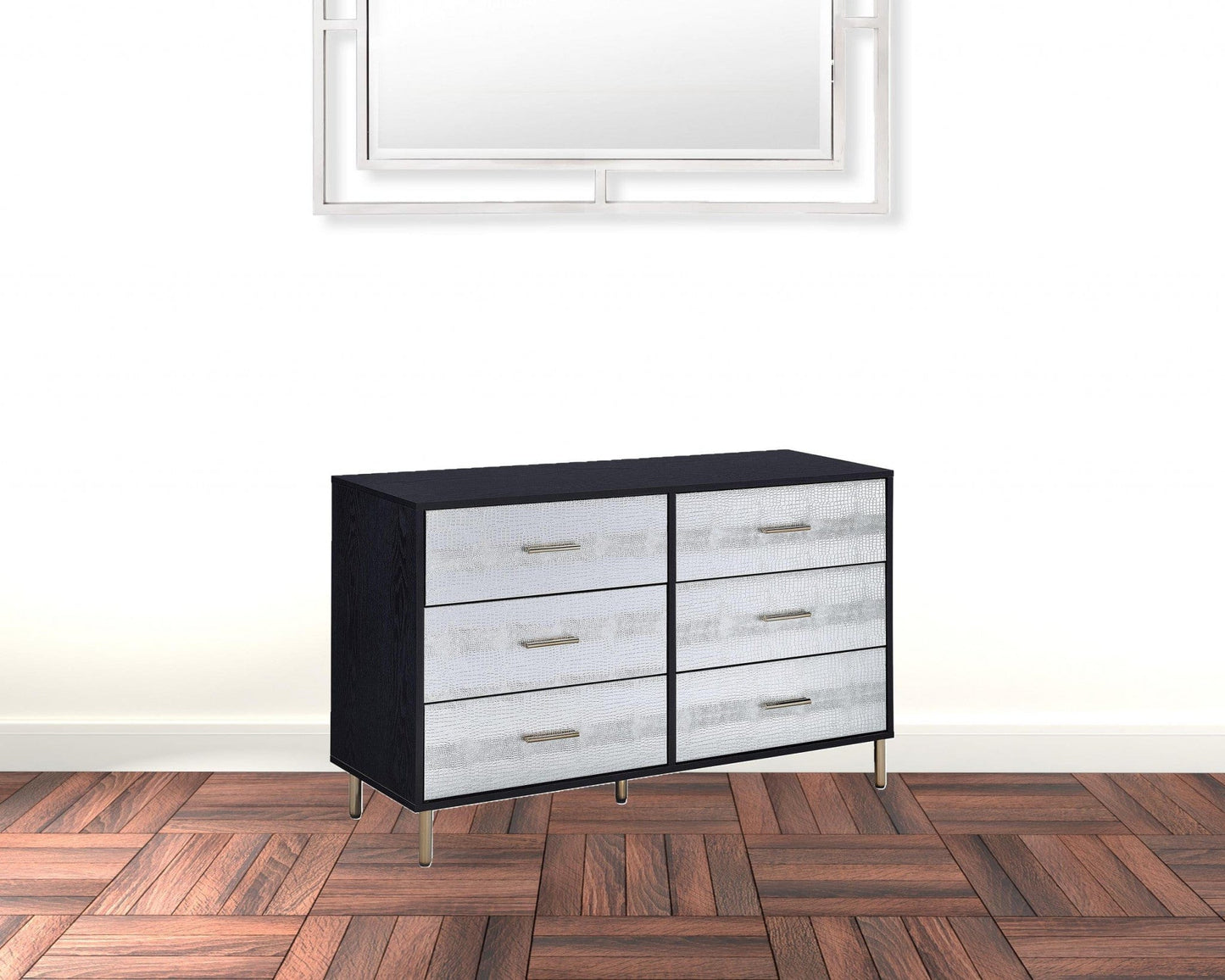 47" Black  Silver and Gold Faux Croc Design Six Drawer Double Dresser
