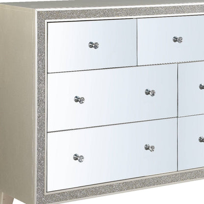 63" Mirrored And Champagne Solid Wood Mirrored Multi Drawer Triple Dresser