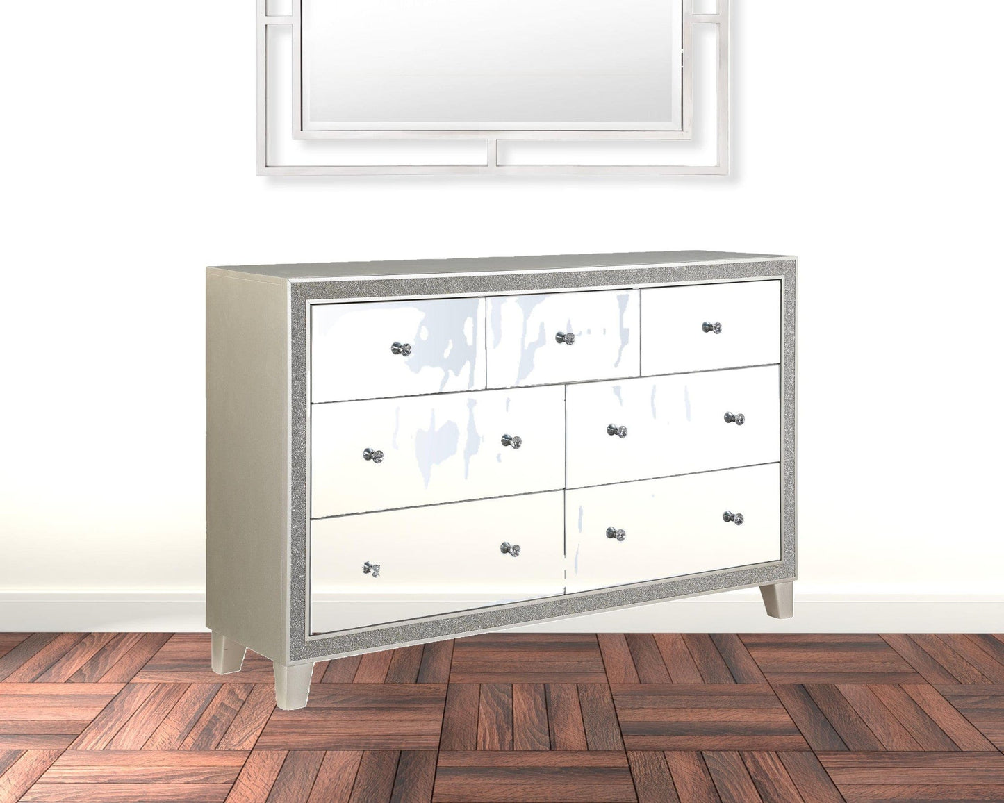 63" Mirrored And Champagne Solid Wood Mirrored Multi Drawer Triple Dresser
