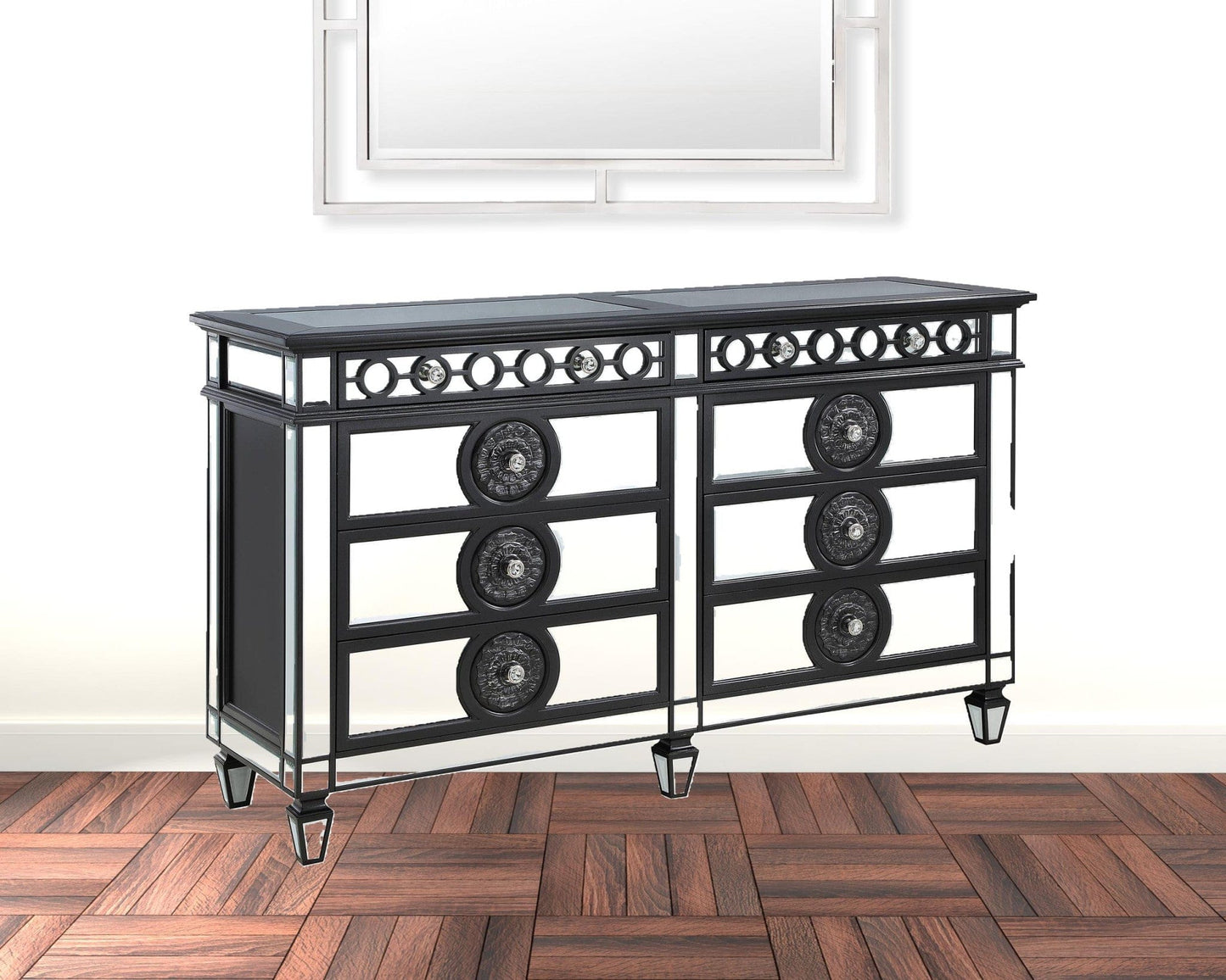 68" Black And Sliver Solid Wood Mirrored Six Drawer Double Dresser