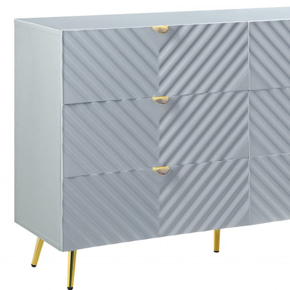 55" Gray  and Gold Six Drawer Double Dresser