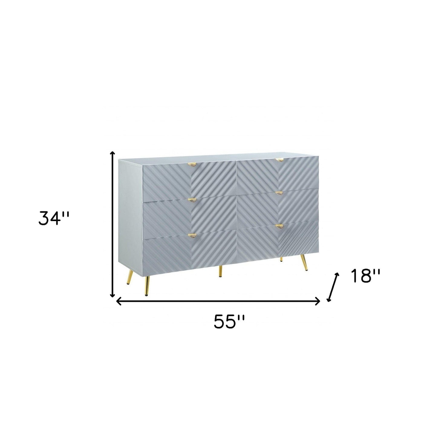 55" Gray  and Gold Six Drawer Double Dresser