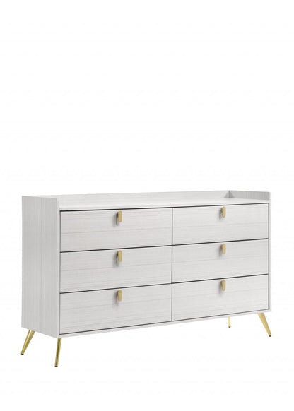 58" White and Gold Six Drawer Double Dresser