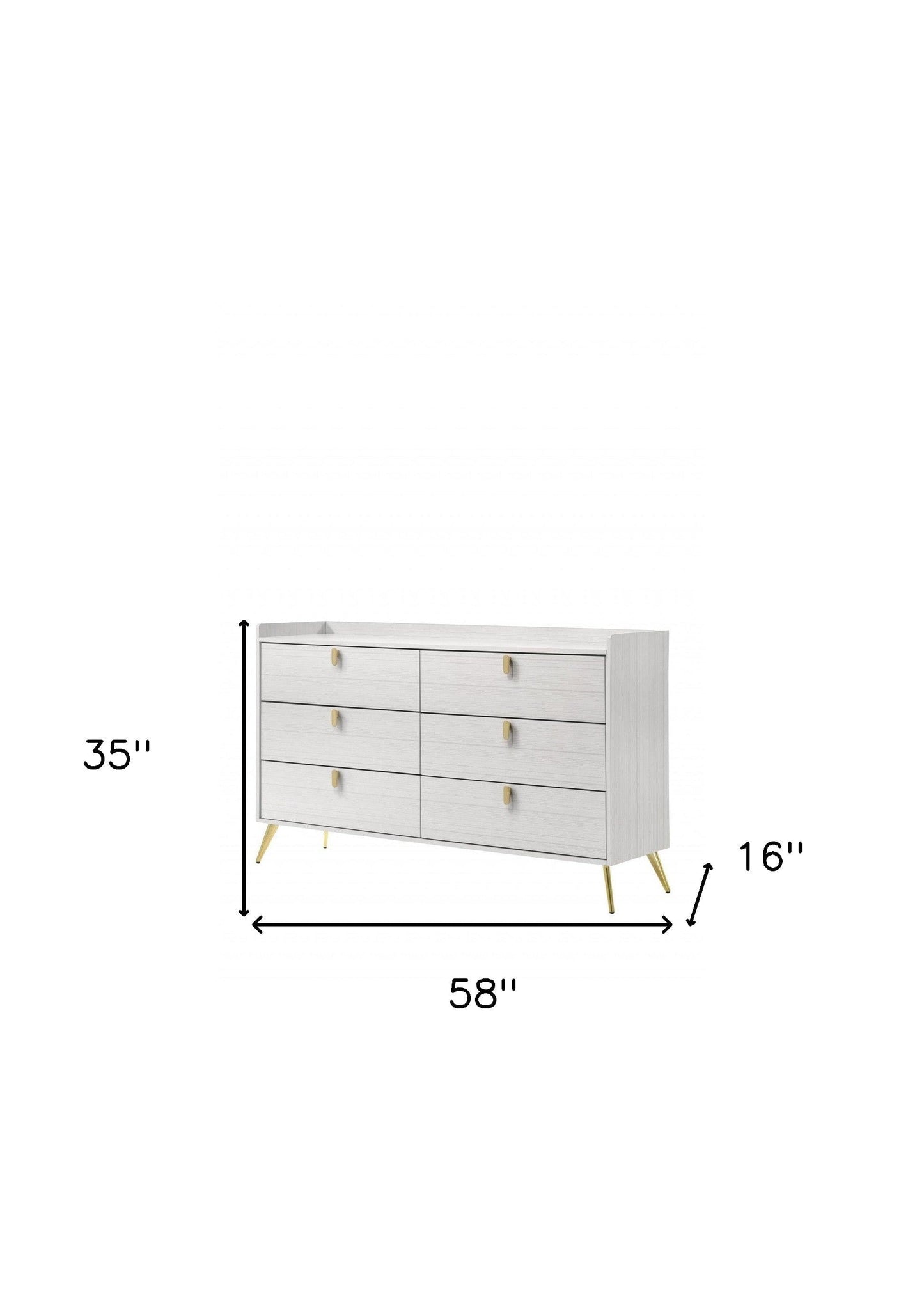 58" White and Gold Six Drawer Double Dresser