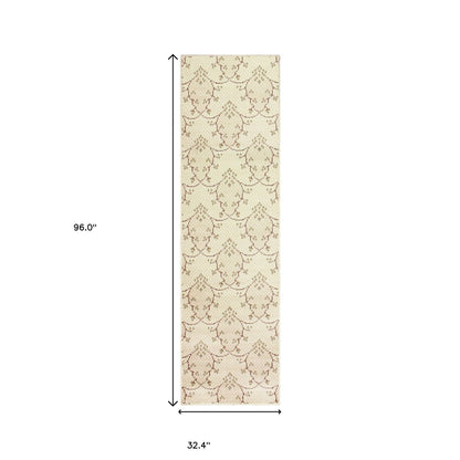 8' Runner Beige Green And Brown Floral Stain Resistant Runner Rug