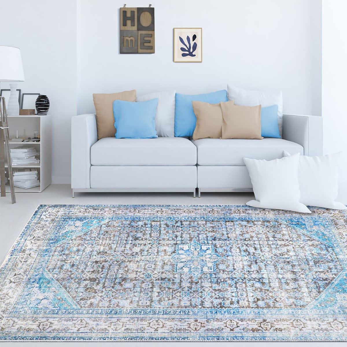5' X 8' Shades Of Azure Oriental Stain Resistant Area Rug