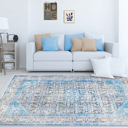5' X 8' Shades Of Azure Oriental Stain Resistant Area Rug