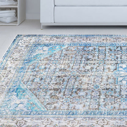 5' X 8' Shades Of Azure Oriental Stain Resistant Area Rug