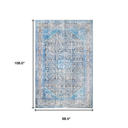 5' X 8' Shades Of Azure Oriental Stain Resistant Area Rug