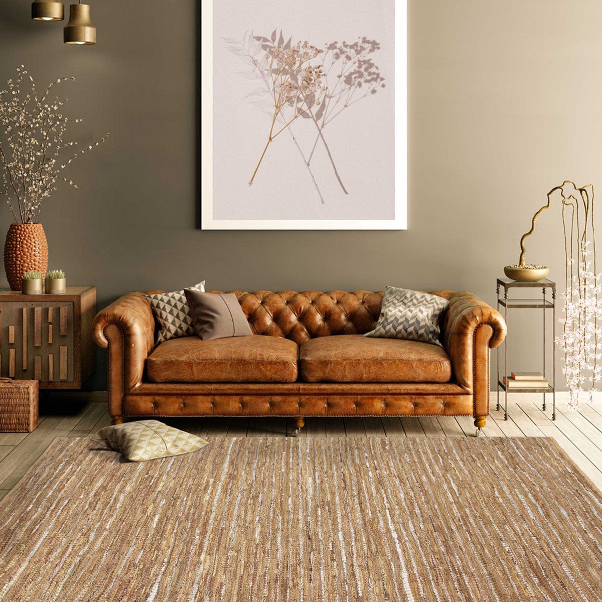 5' X 8' Camel Striped Handmade Leather Area Rug