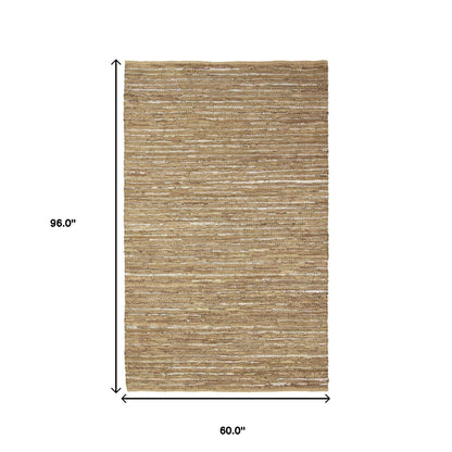 5' X 8' Camel Striped Handmade Leather Area Rug