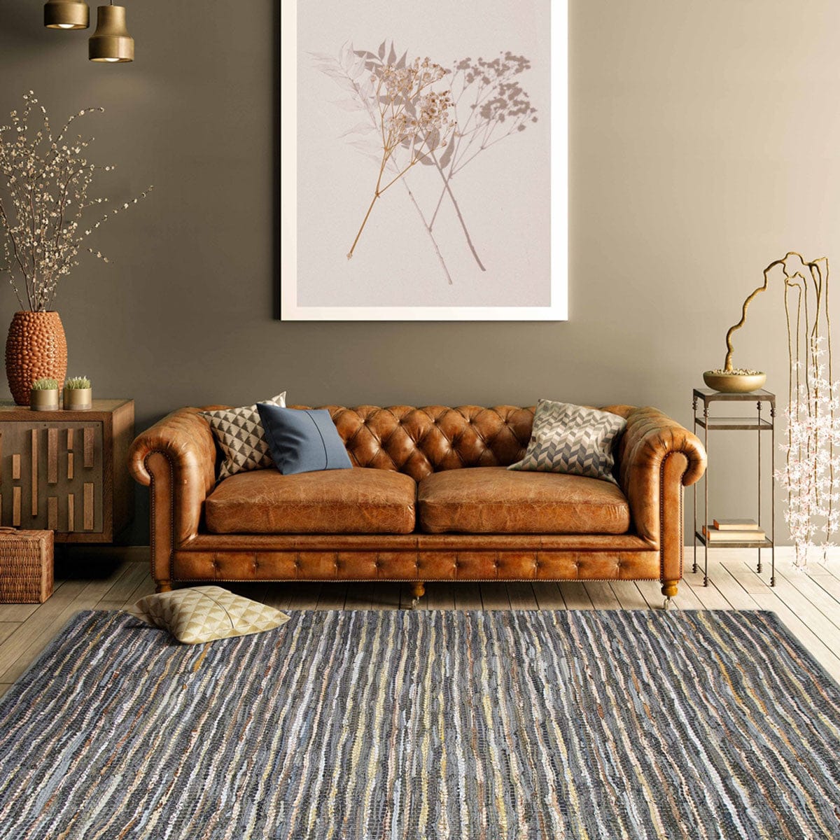 5' X 8' Dusty Grey Striped Handmade Leather Area Rug