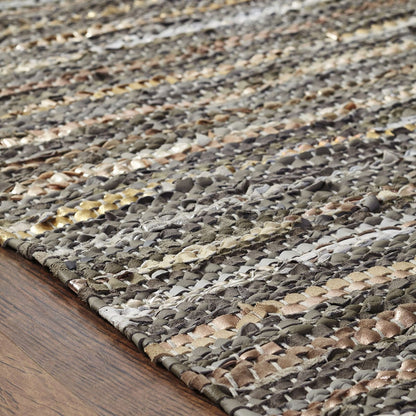 5' X 8' Dusty Grey Striped Handmade Leather Area Rug
