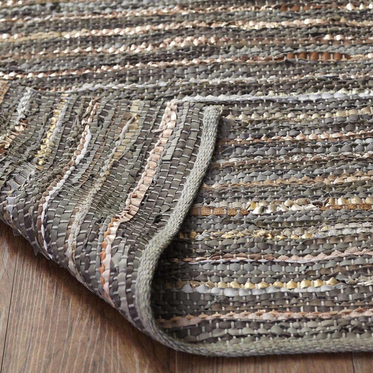 5' X 8' Dusty Grey Striped Handmade Leather Area Rug