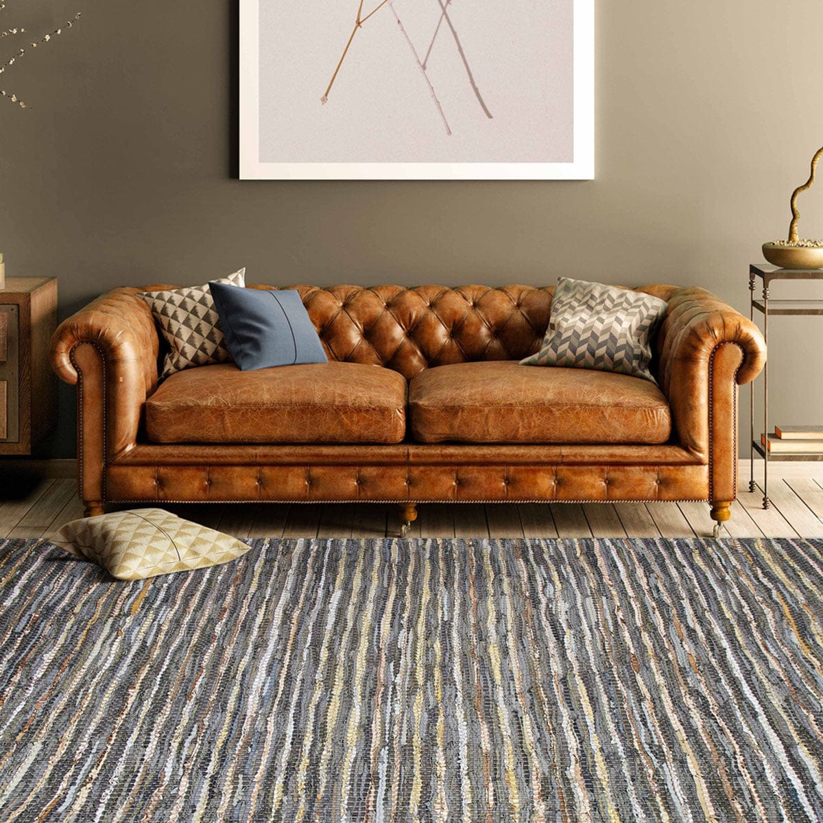 5' X 8' Dusty Grey Striped Handmade Leather Area Rug