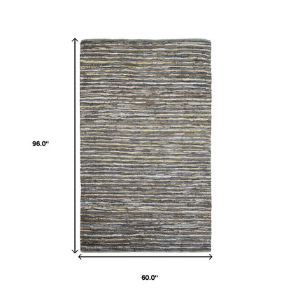 5' X 8' Dusty Grey Striped Handmade Leather Area Rug