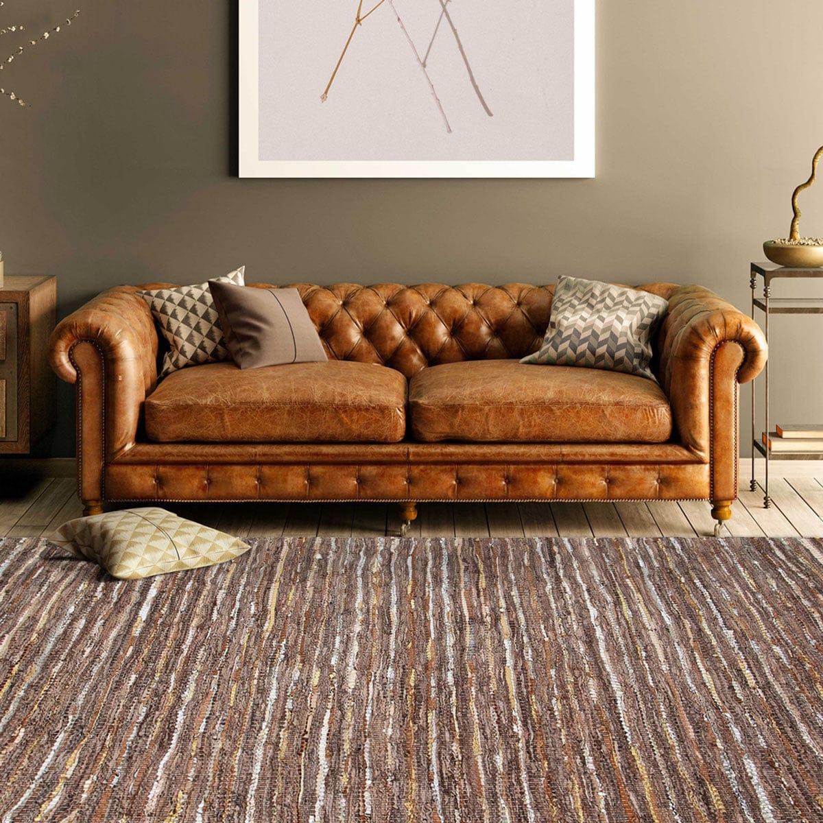 5' X 8' Desert Taupe Striped Handmade Leather Area Rug