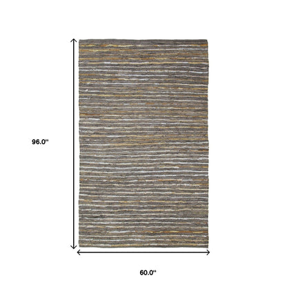 5' X 8' Fossil Striped Handmade Leather Area Rug