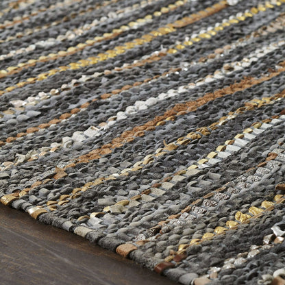 5' X 8' Steel Blue Striped Handmade Leather Area Rug