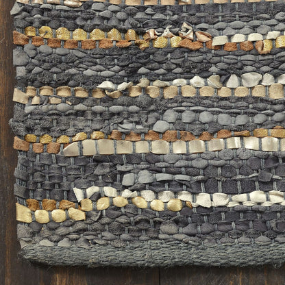 5' X 8' Steel Blue Striped Handmade Leather Area Rug