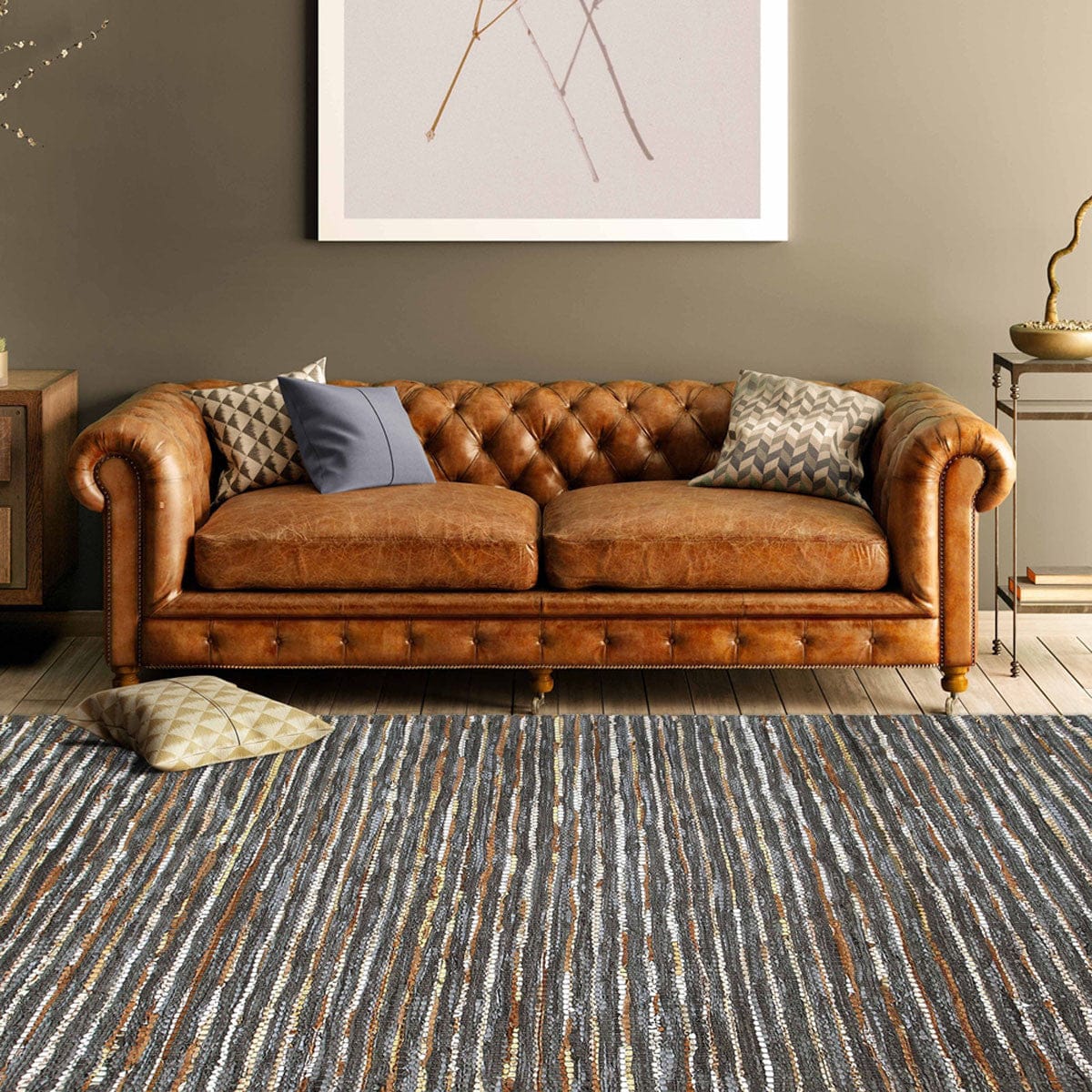 5' X 8' Steel Blue Striped Handmade Leather Area Rug