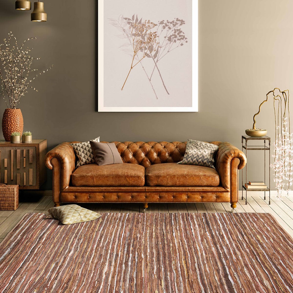 8' X 10' Baked Clay Striped Handmade Leather Area Rug