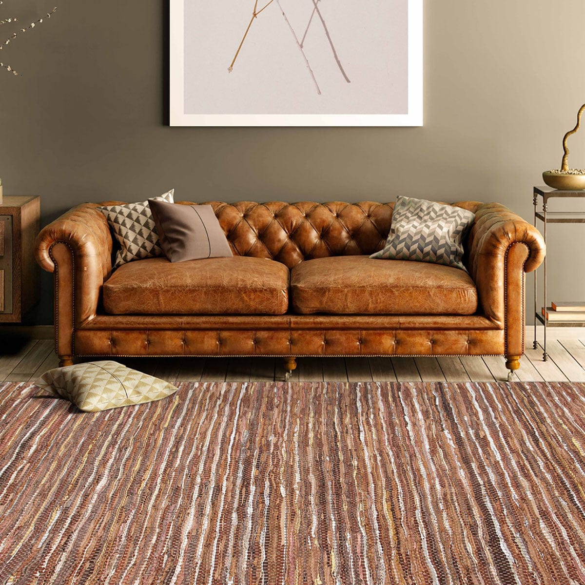 8' X 10' Baked Clay Striped Handmade Leather Area Rug