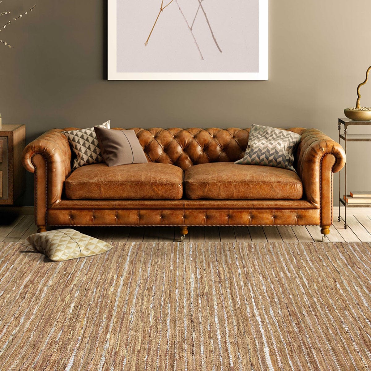 8' X 10' Camel Striped Handmade Leather Area Rug