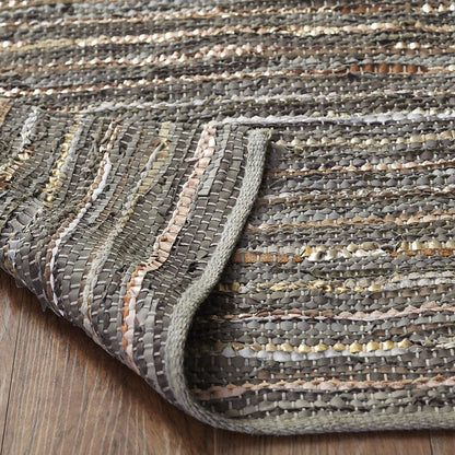 8' X 10' Dusty Grey Striped Handmade Leather Area Rug