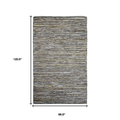 8' X 10' Dusty Grey Striped Handmade Leather Area Rug