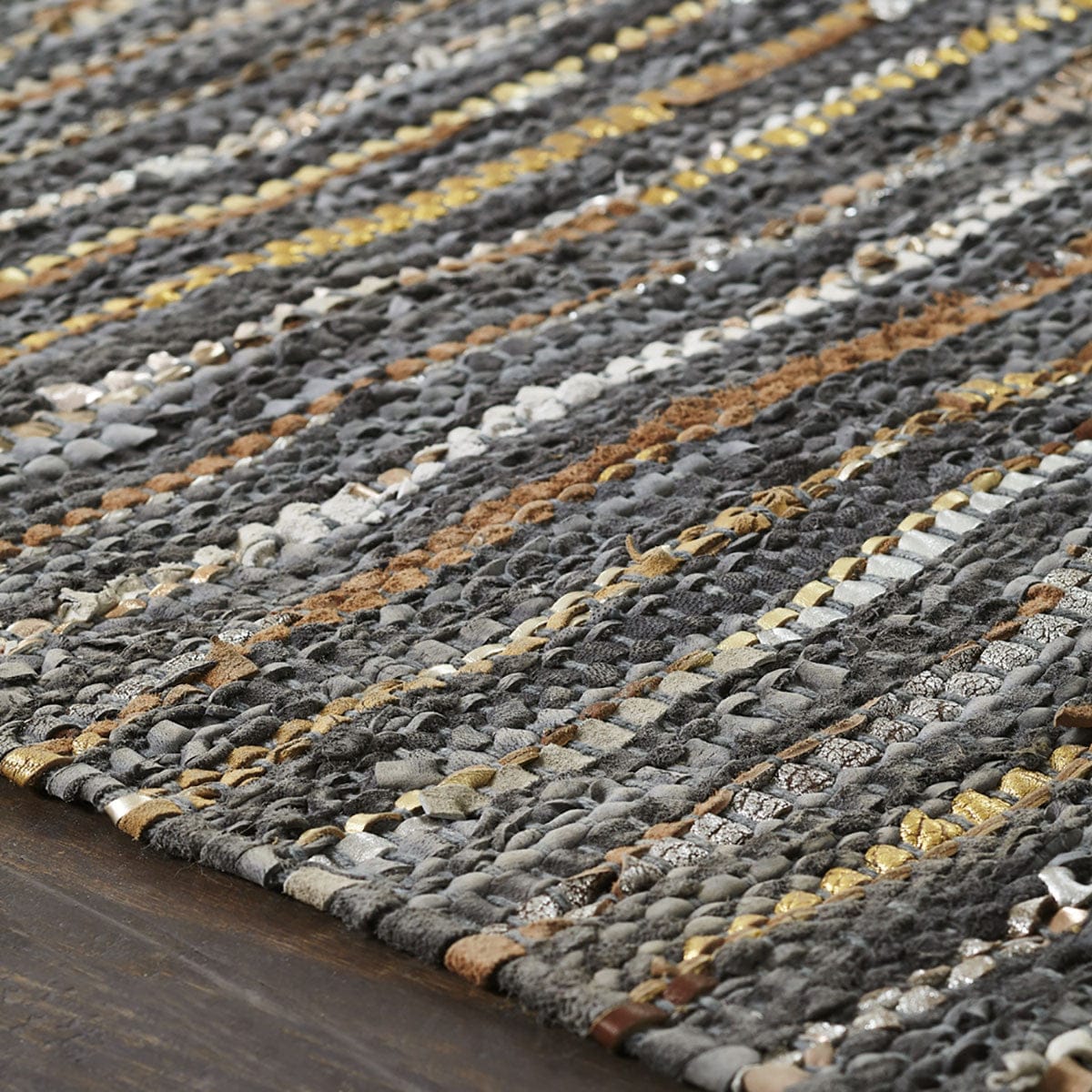 8' X 10' Steel Blue Striped Handmade Leather Area Rug